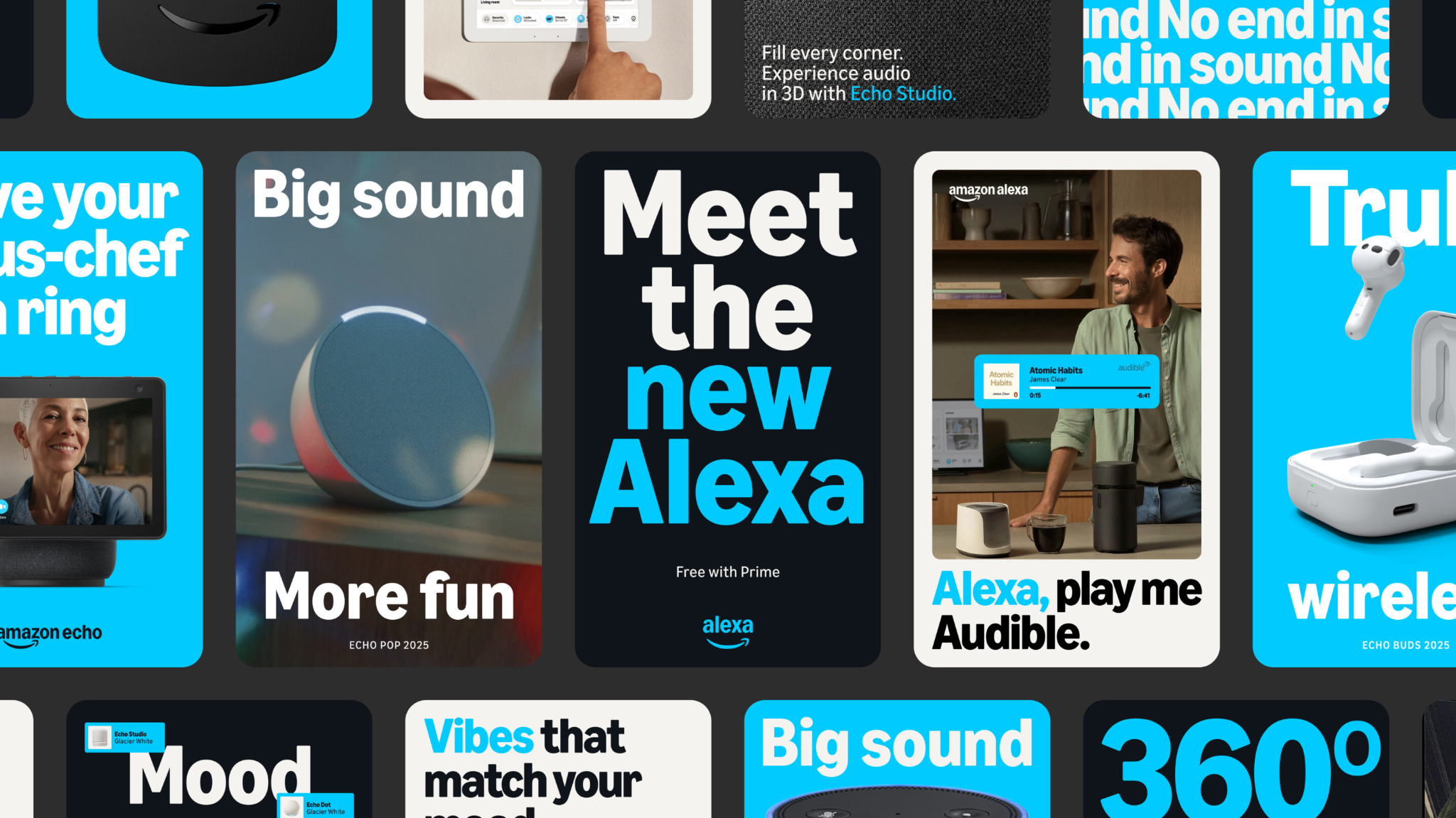 Cartões de produtos destacando dispositivos Alexa e serviços com a frase 'Meet the new Alexa'