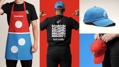 Uniformes e acessórios de equipe Domino's com camisetas, aventais e bonés nas cores da marca